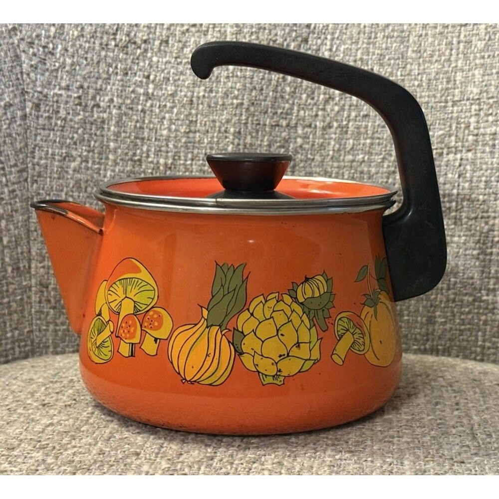 Orange Enamelware Coffee Tea Pot Mushrooms Stovetop 70’s